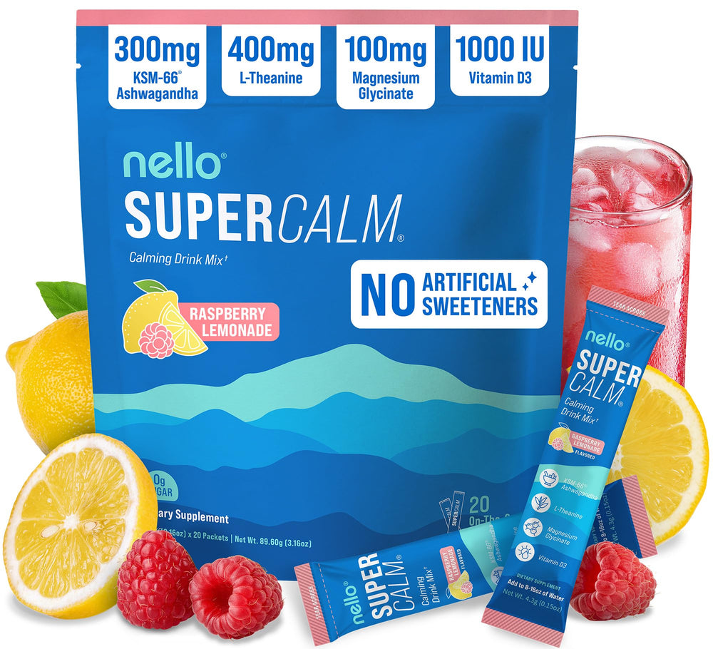 Nello SuperCalm raspberry lemonade powder sachet for on-the-go relaxation
