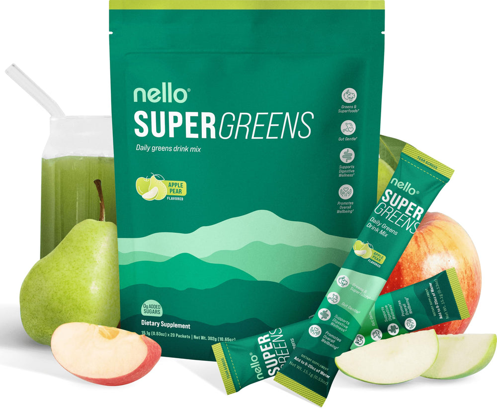 Nello Supergreens bottle pour showing convenient daily greens for busy mornings.