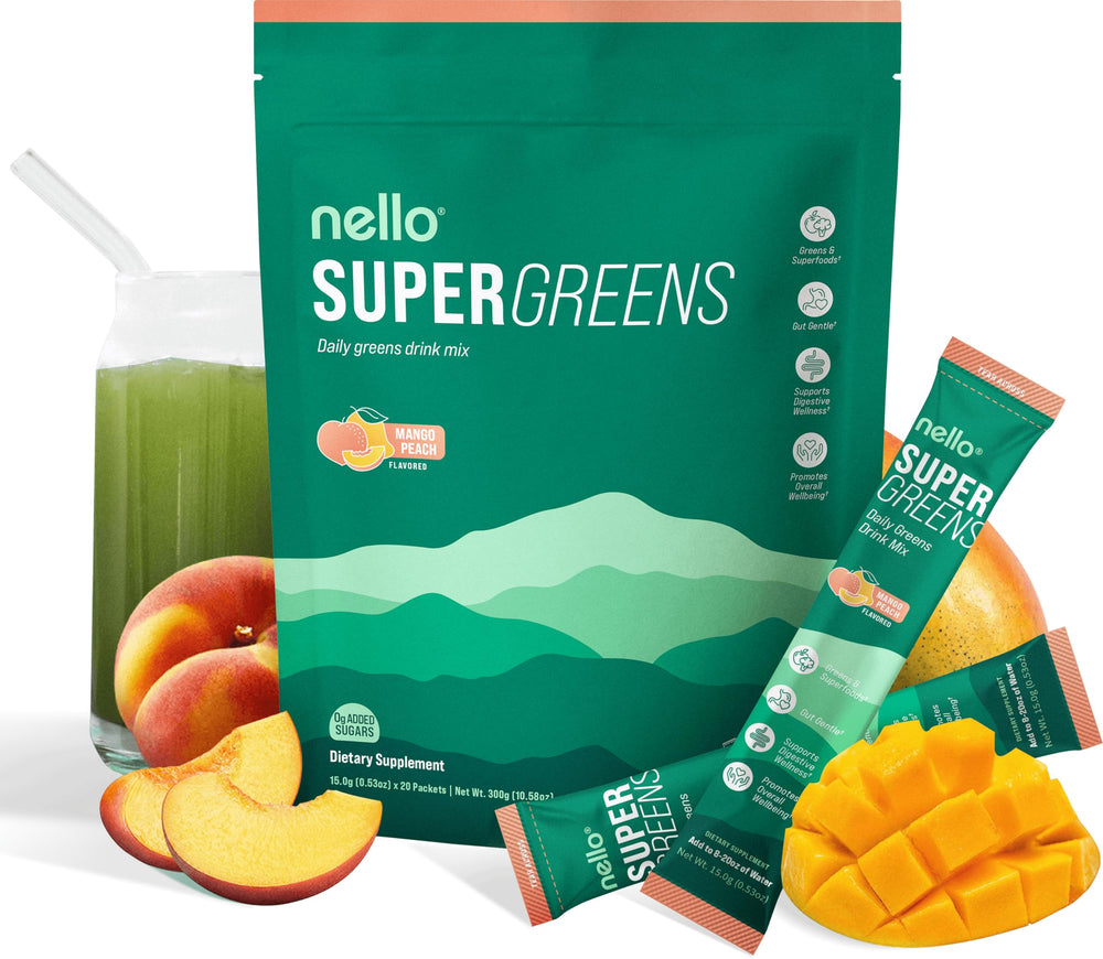 Nello Supergreens Mango Peach tub front label, ideal daily greens boost.