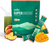 Nello Supergreens Mango Peach tub front label, ideal daily greens boost.