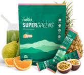 Nello Supergreens orange travel pack for on-the-go nutrition