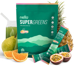 Nello Supergreens orange travel pack for on-the-go nutrition