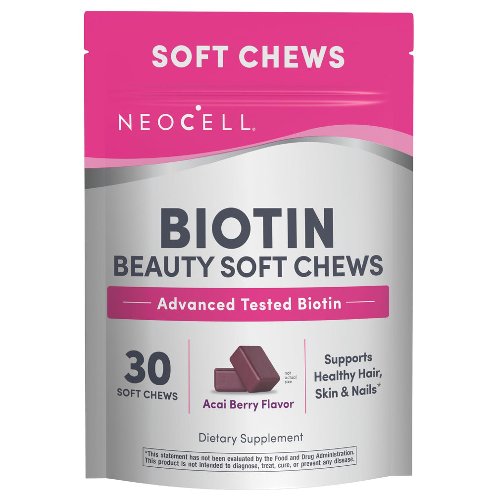 NeoCell Biotin Beauty Soft Chews in acai berry flavor promote healthy hair, skin, and nails.