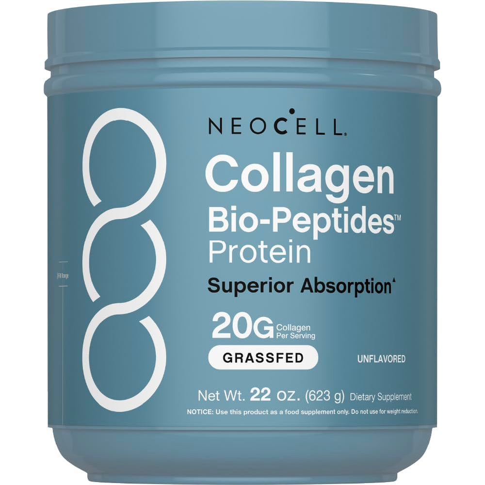 NeoCell Collagen Bio-Peptides tub on counter, easy mixing for daily beauty support.