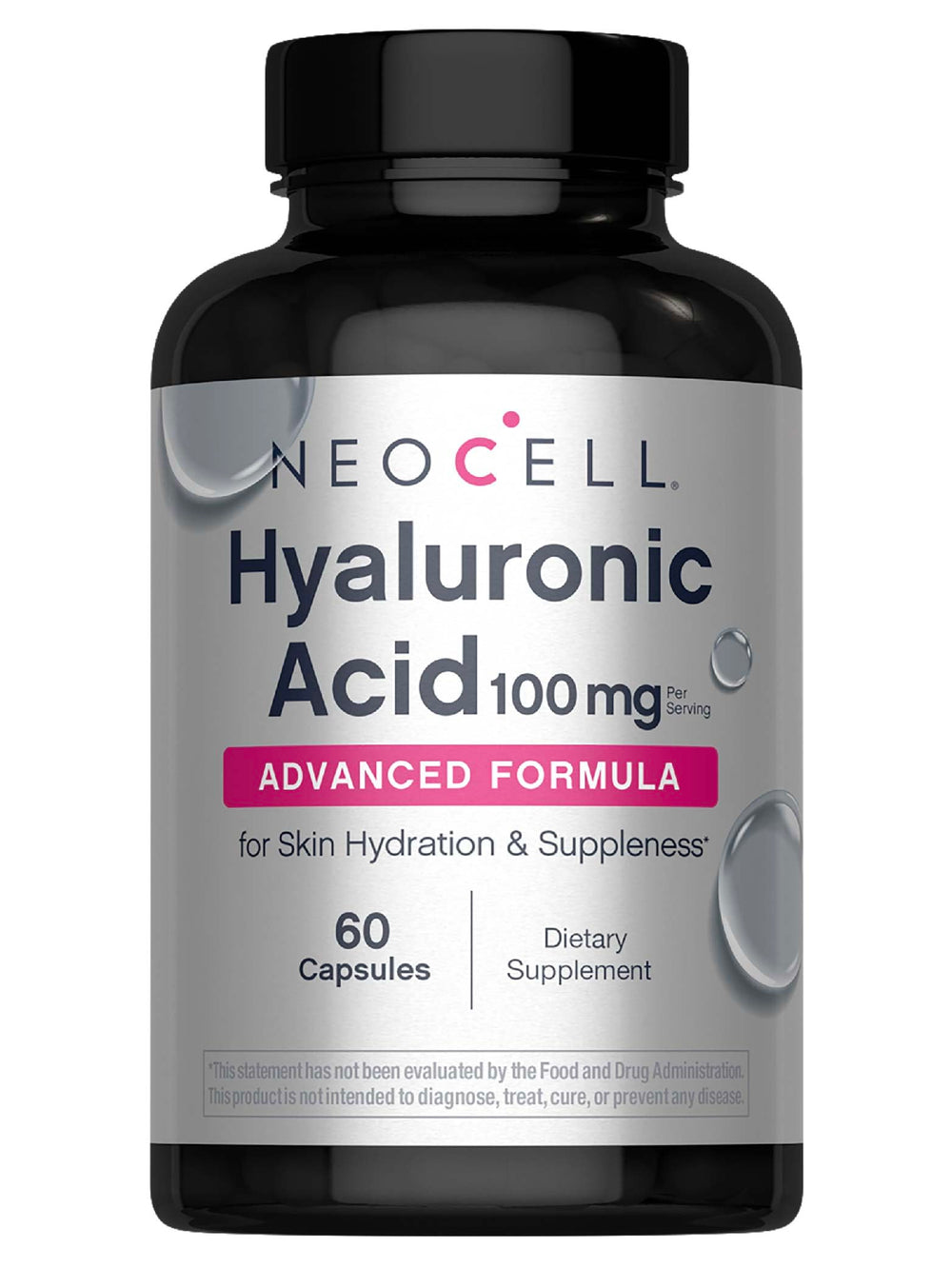 NeoCell Hyaluronic Acid capsules bottle front highlights skin hydration potential