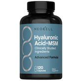 NeoCell Hyaluronic Acid + MSM bottle with capsules ready for daily use.