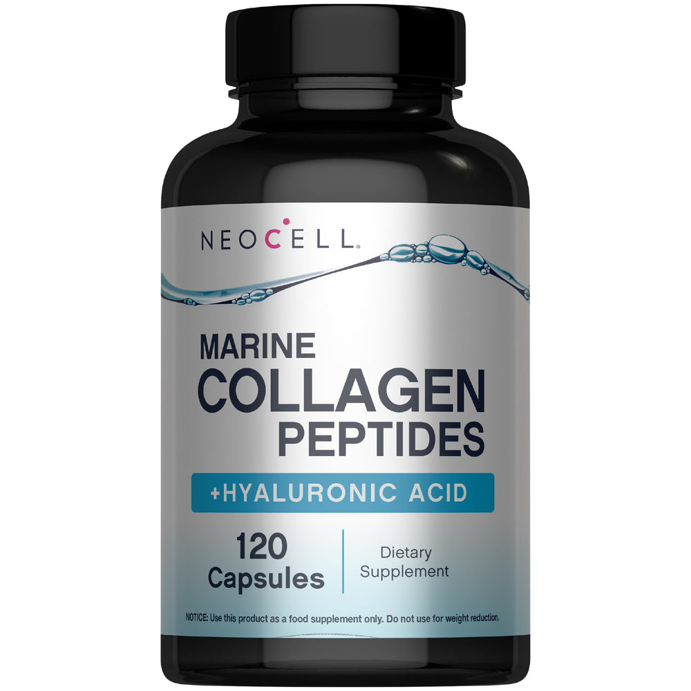 NeoCell Marine Collagen Capsules bottle front highlighting skin hydration support.