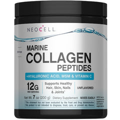 NeoCell Marine Collagen Powder canister on kitchen counter for daily mix to support hair, skin, and nails.