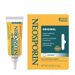 Neosporin Original ointment tube closeup for on-the-go wound care.