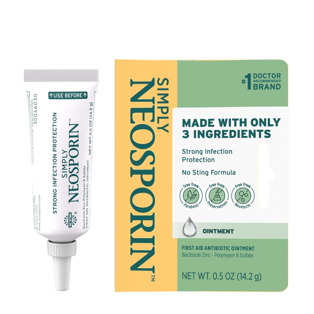Neosporin Simply Formula tube close-up showing three-ingredient design for basic wound care