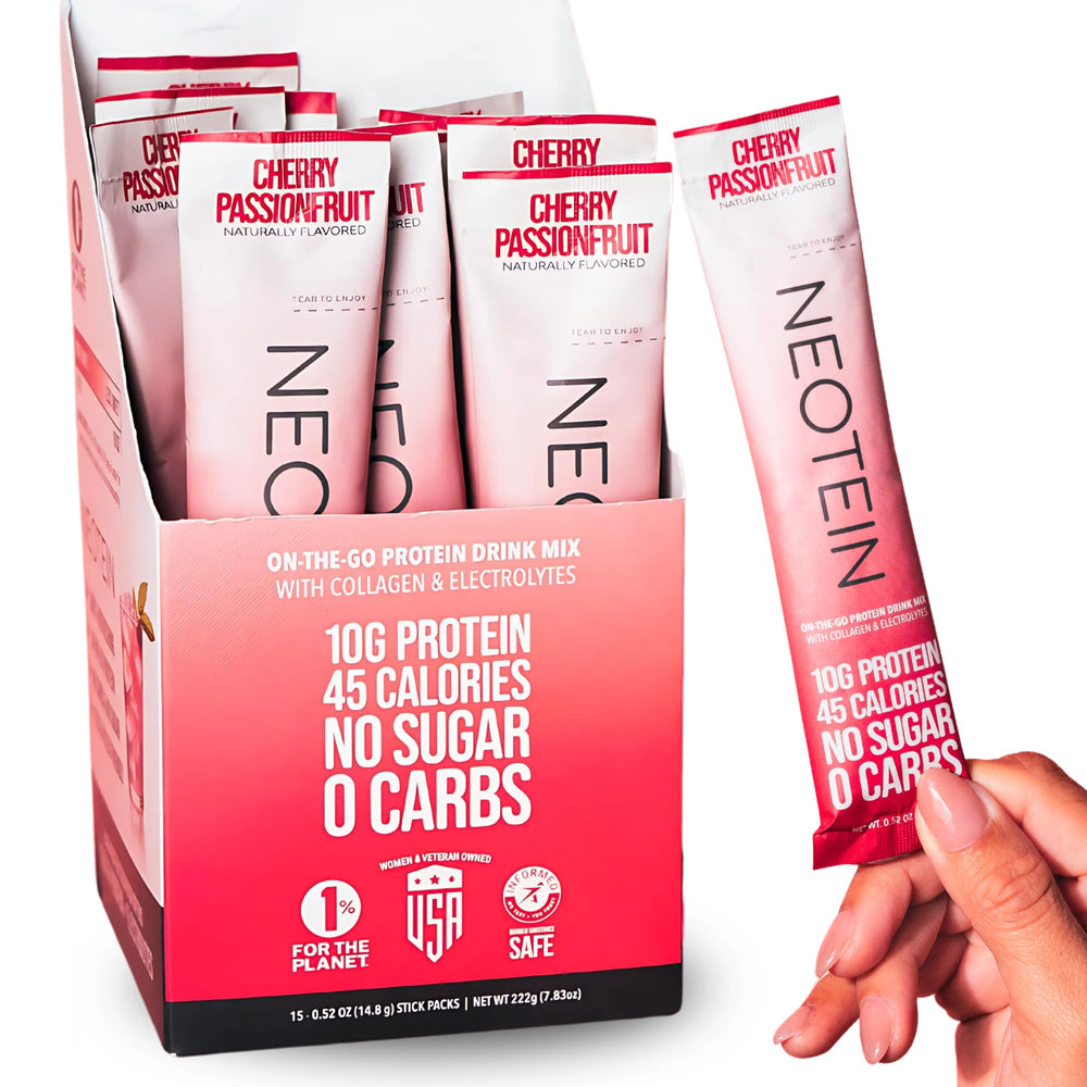 NEOTEIN Cherry Passionfruit packet front highlights quick hydration and 10g protein.