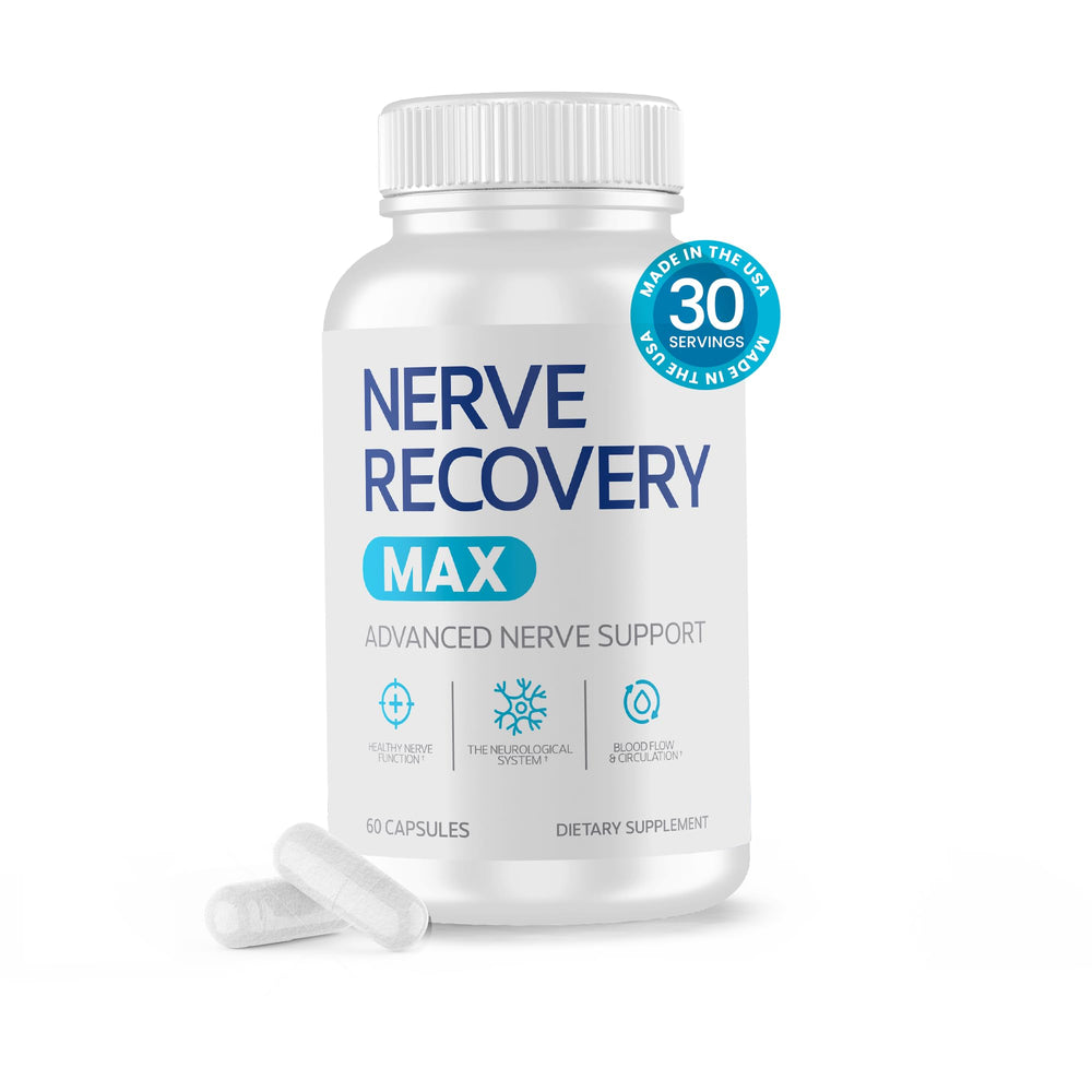 Nerve Recovery Max bottle front, daily nerve support in view.