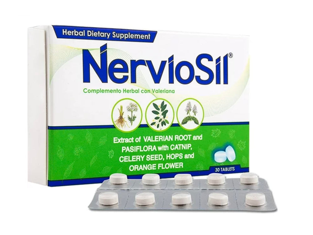 NervioSil bottle packshot highlighting herbal supplement for daily nerve and body support.