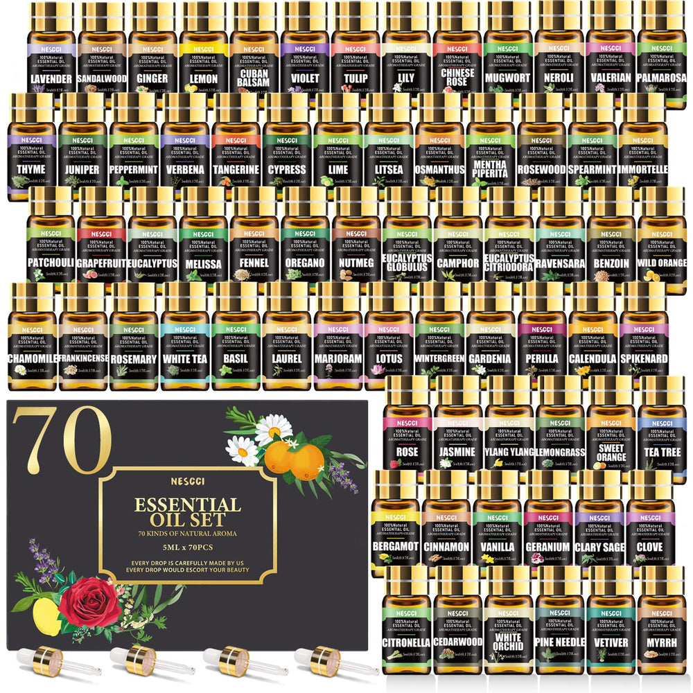 NESCCI 70-bottle essential oil set close-up showing variety for diffusers