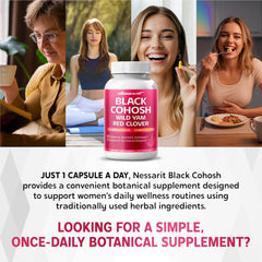 NESSARIT Black Cohosh bottle closeup – premium 9,600 mg blend in a capsule for hormonal balance.