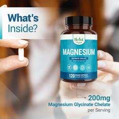 Nested Naturals magnesium glycinate packaging box communicates 120 vegan capsules and quality standards