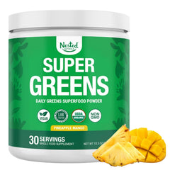 Nested Naturals Super Greens bottle pouring into glass for refreshing daily nutrition.