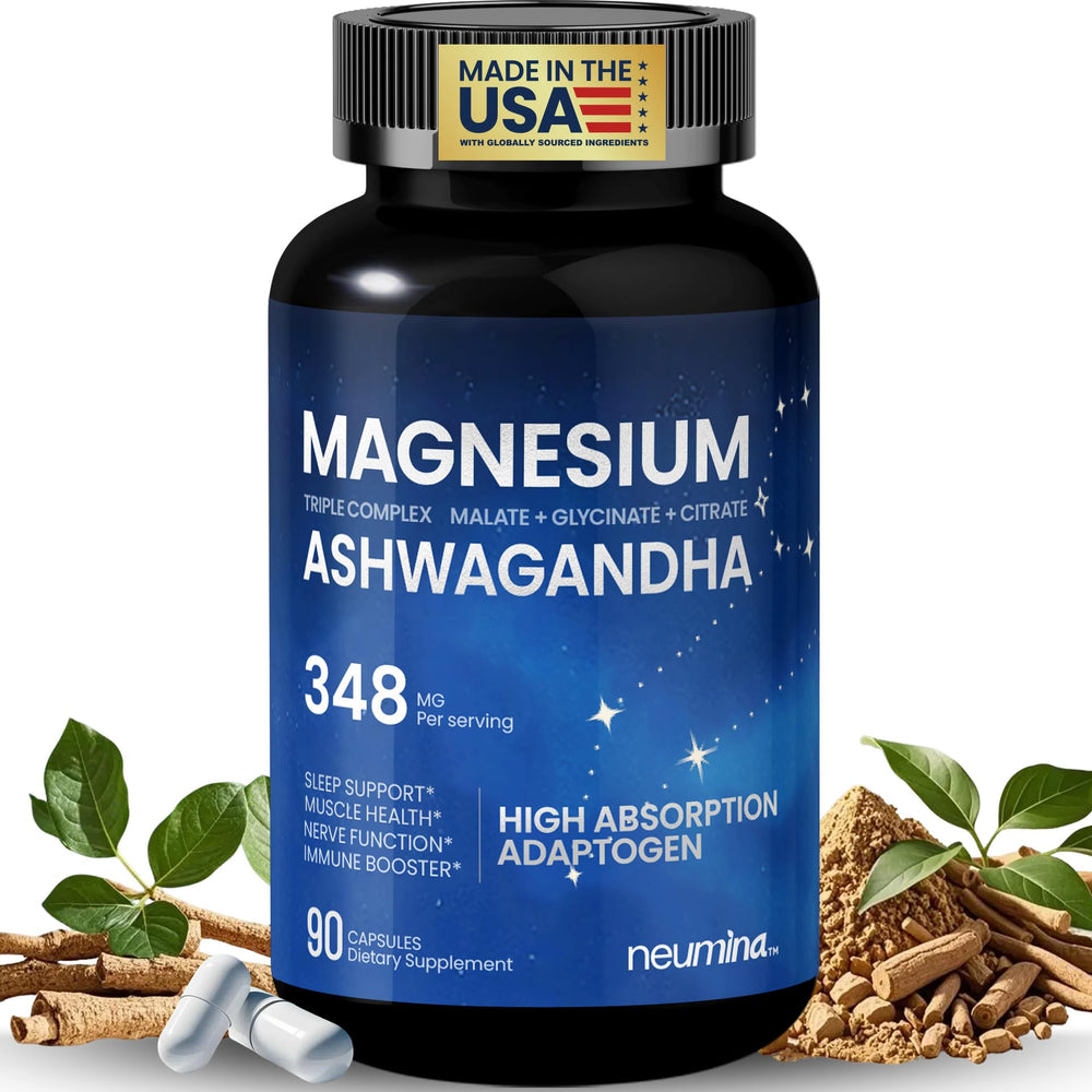 NEUMINA Magnesium Ashwagandha Complex bottle for daily use supports calm focus and relaxation.