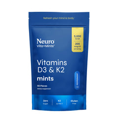 Neuro D3K2 mint packaging front, sugar-free wellness in a chew
