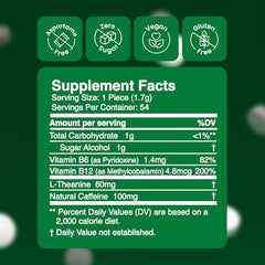 Close-up of Neuro gum piece showing 100mg caffeine for quick focus.