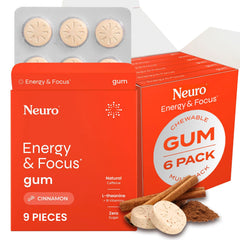 Neuro Energy & Focus Gum front view, cinnamon flavor, 54-count pack for on-the-go focus.