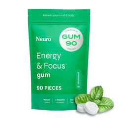 Neuro Energy & Focus Gum pack front view showing sugar-free label and minty design