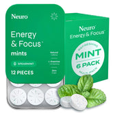 Neuro Energy & Focus Mints tin front showing spearmint flavor and a clean energy boost for focus.