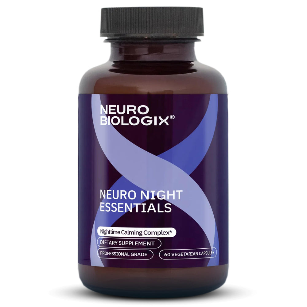 Neurobiologix Neuro Night Essentials bottle on a nightstand supports a calm wind-down.