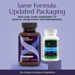 Neurobiologix Neuro Night Essentials capsules highlight vegetarian formula for evening support.