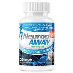 NeuropAWAY nerve support capsules close-up showing daily use potential.