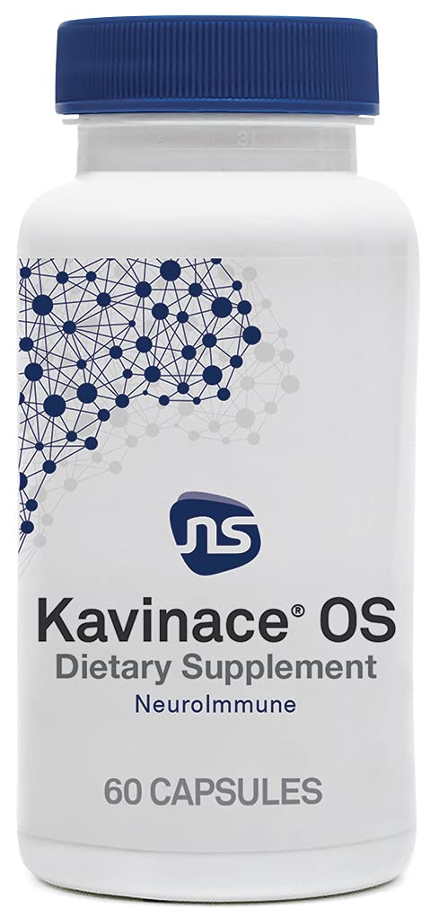 NeuroScience Kavinace OS bottle on a nightstand promoting calm sleep support.