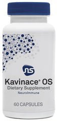 NeuroScience Kavinace OS bottle on a nightstand promoting calm sleep support.