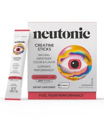 Neutonic Creatine Monohydrate strawberry lime stick packaging shows convenient single-serve packets for workouts.