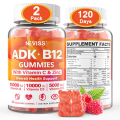 NEVISS ADK+B12 raspberry gummies pack for daily wellness.