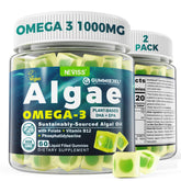 NEVISS Algae Omega-3 gummies bottle-front highlights vegan DHA 460mg and EPA 230mg for daily wellness.