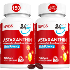 NEVISS astaxanthin softgels bottle view highlighting 24 mg potency for daily support.