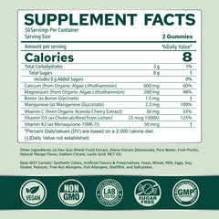Close-up of NEVISS plant-based algae calcium gummies highlighting natural ingredients