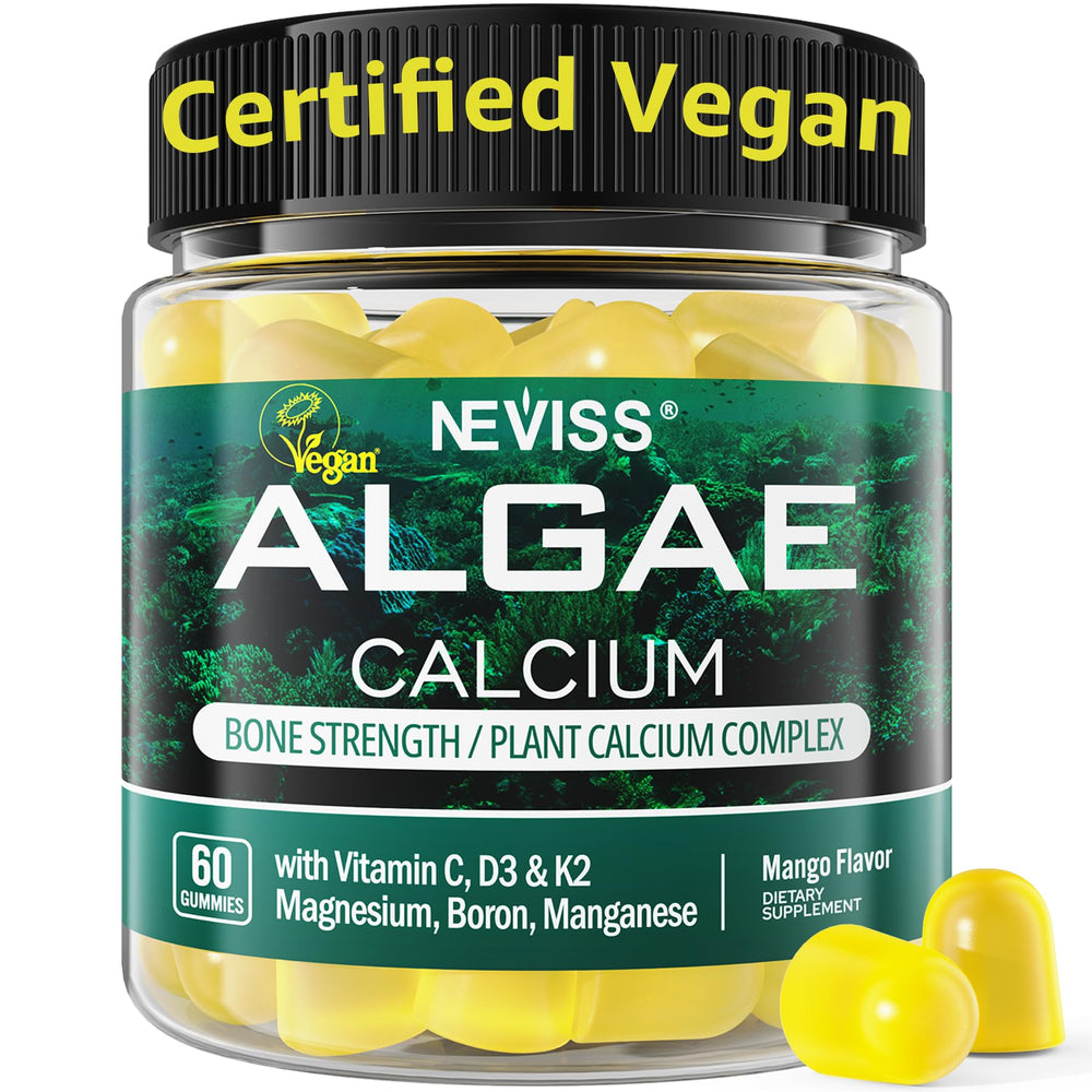 Neviss Calcium Gummies packaging highlights vegan, sugar-free bone support.