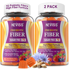 NEVISS Fiber Gummies bottle front highlights 7g fiber per serving, sugar-free.