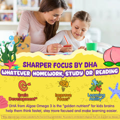 NEVISS Kids Focus vegan omega 3 DHA label highlight emphasizing brain nourishment.
