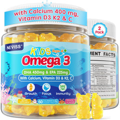 NEVISS Kids Omega-3 gummies bottle front view, no fishy aftertaste for kid-friendly nutrition