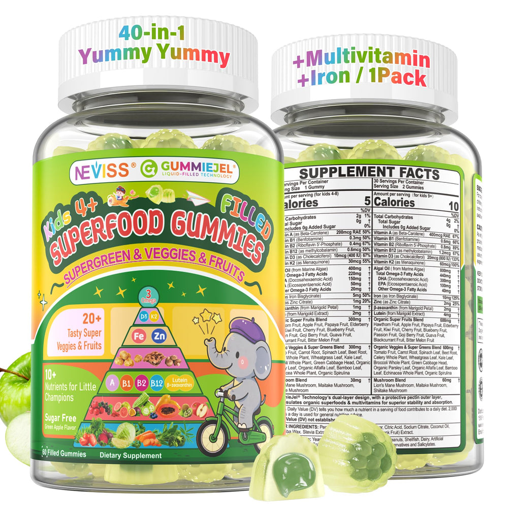 NEVISS Kids Super Greens bottle front — kid-friendly gummies for daily energy and nutrition.