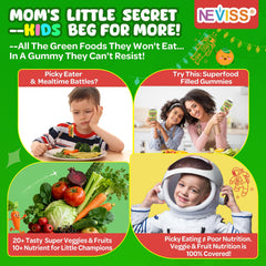 NEVISS Kids Super Greens gummies pack — vibrant colors and nutrient-dense profile for kids.