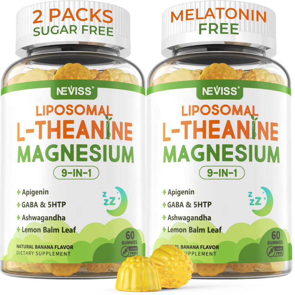 NEVISS liposomal L-Theanine gummies bottle promotes calm evenings.