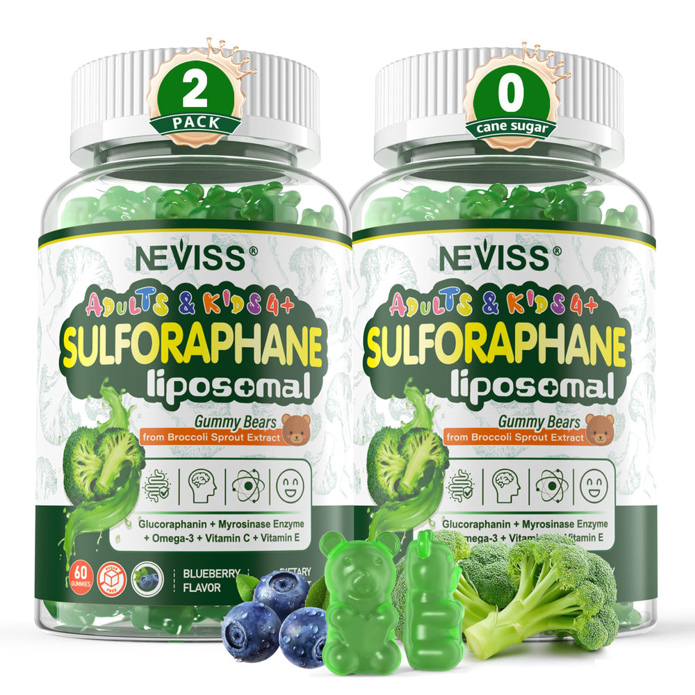 NEVISS Liposomal Sulforaphane Gummies bottle showing blueberry flavor and antioxidant support
