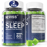 NEVISS melatonin-free sleep gummies lemon bottle front promoting relaxation before bed.