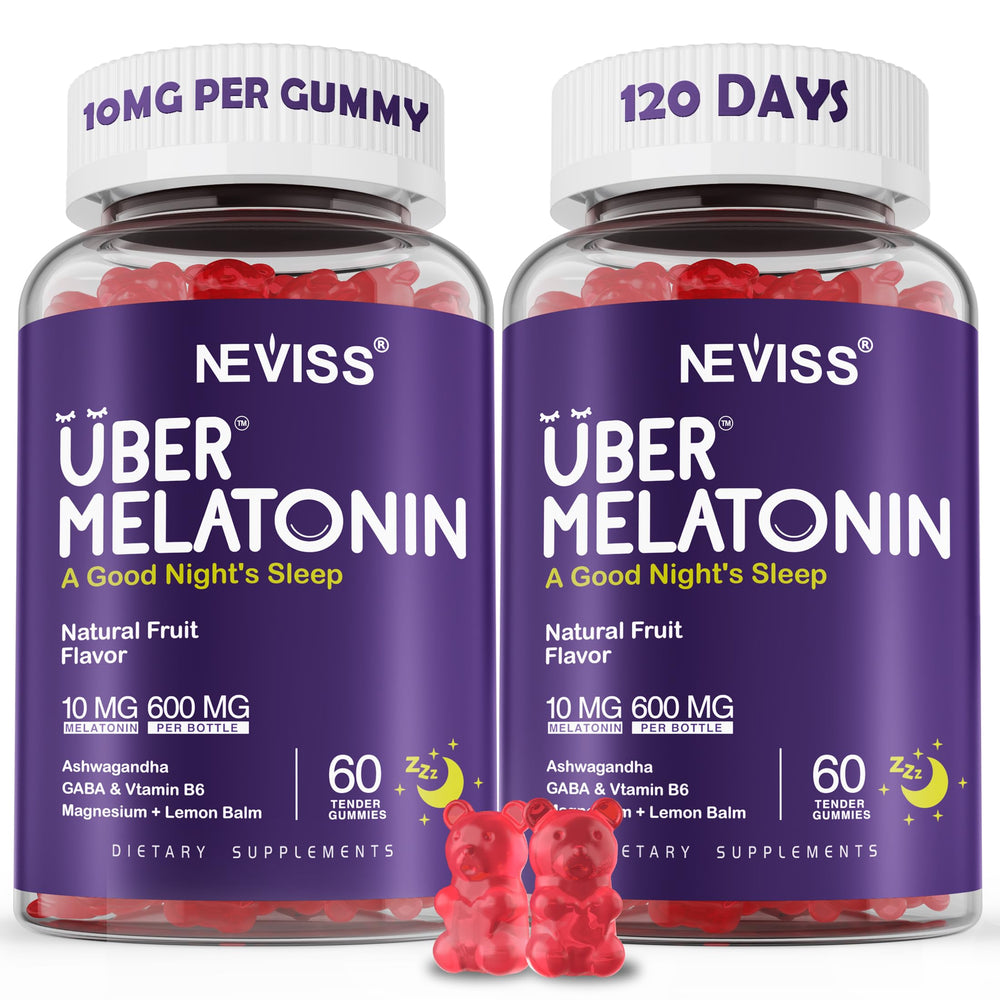 NEVISS Melatonin Gummies bottle front, suggesting rest and daily calm.