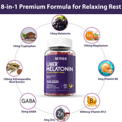 NEVISS Melatonin Gummies close-up, soft texture and grape flavor appeal.