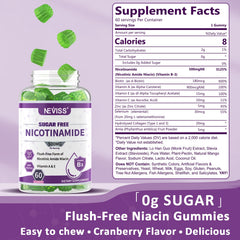 NEVISS nicotinamide 500mg gummies close-up label highlights potent B3 form.