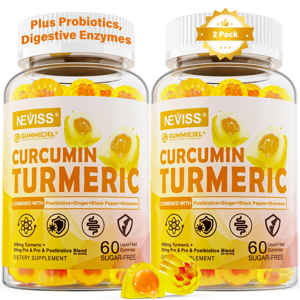 NEVISS Sugar-Free Turmeric Curcumin Gummies bottle for convenient daily wellness.